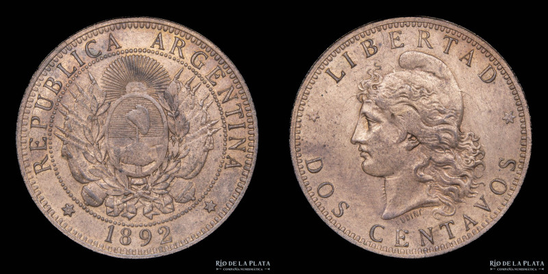 Argentina. 2 Centavos 1892. Buenos Aires mint. CU; 30.0mm; 10.00g. CJ 33; KM33. ...