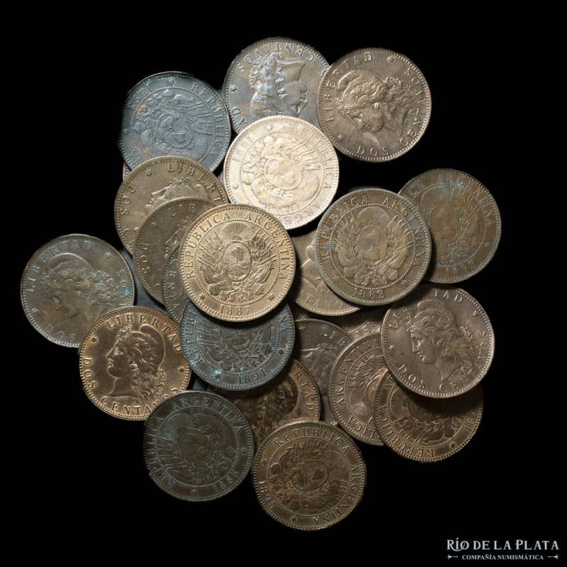 Argentina. Lote x 23 cobres de 2 Centavos 1883-1896, algunos limpiados. Incluye ...