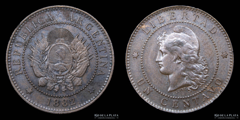 Argentina. 1 Centavo 1882. Buenos Aires mint. CU; 25.0mm; 5.01g. Fecha escasa (S...
