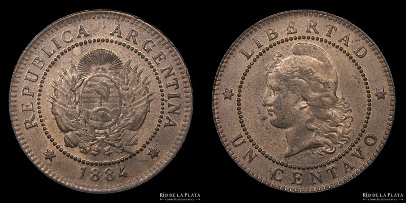 Argentina. 1 Centavo 1884. Buenos Aires mint. CU, 25.0mm; 5.00g. CJ 40; KM 32 (B...