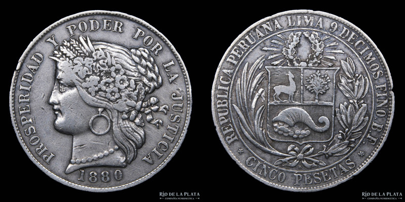 Perú. 5 Pesetas 1880 BF. AG.900; 38mm; 24.5g. KM201 (VF)
Estimate: USD 50 - 100...