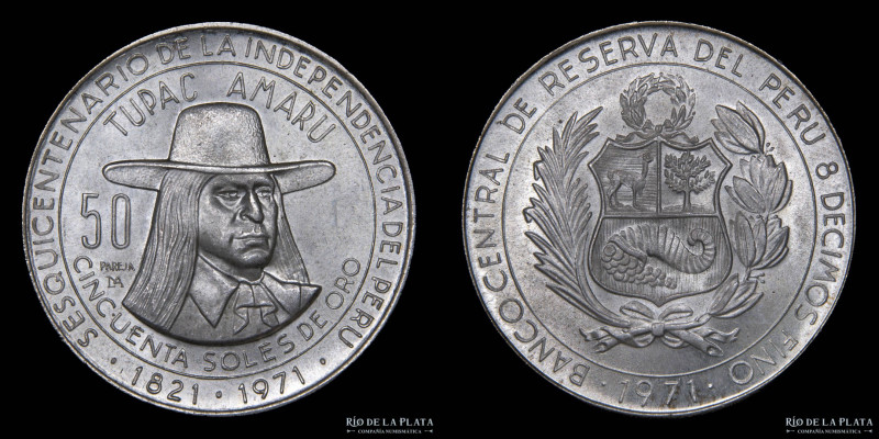 Perú. 50 Soles de Oro. AG.800, 37.0mm; 21.45g. (150th Anniversary of Independenc...