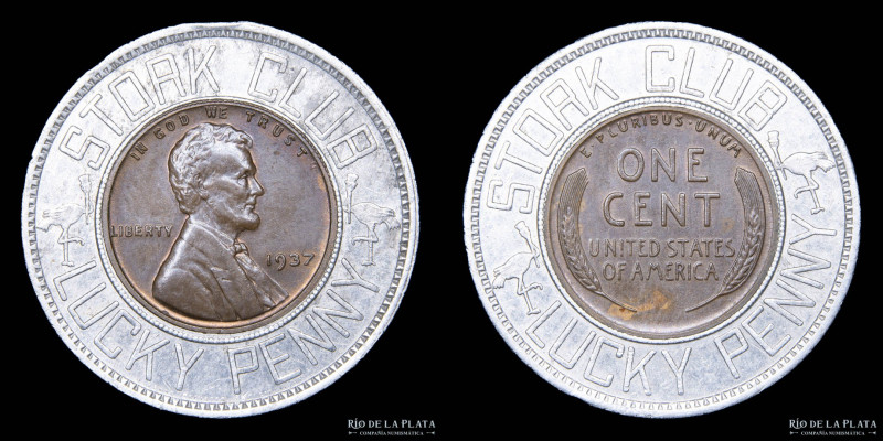 USA. Token. Encased US Lincoln Wheat Cent. Stork Club. Lucky Penny (1937). Al-Cu...