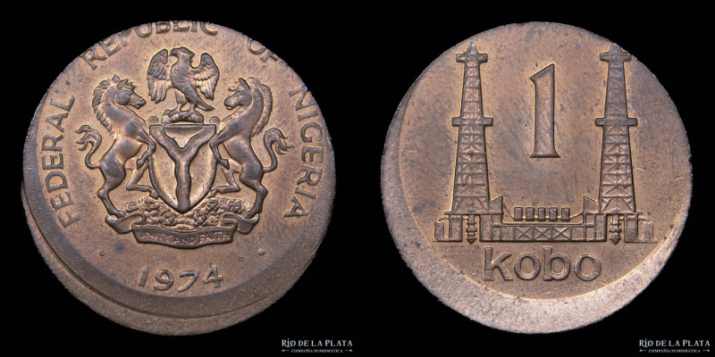 Nigeria. 1 Kobo 1974. Error descentrada. AE; 25.0mm; 5.9g. KM8.1 (XF)
Estimate:...