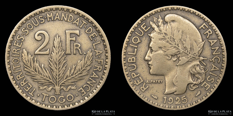 Togo. 2 Francs 1925. Paris mint. AE; 27.0mm; 9.98g. KM3 (VF+)
Estimate: USD 35 ...
