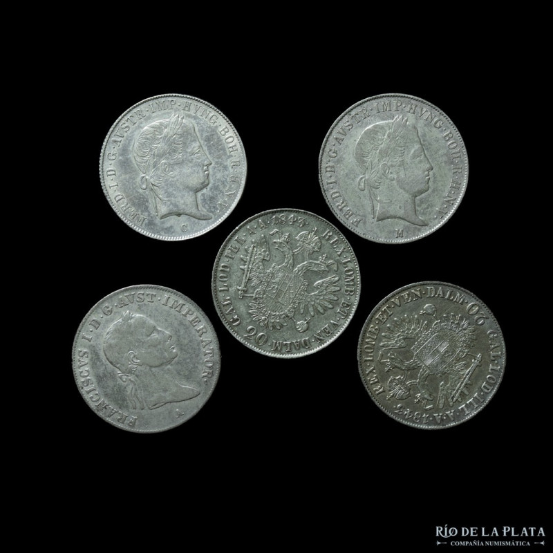 Austria. Lot x 5 coins 1832-1845. AG.583; 26.0mm; 6.68g each. KM2147 and 2208 (V...