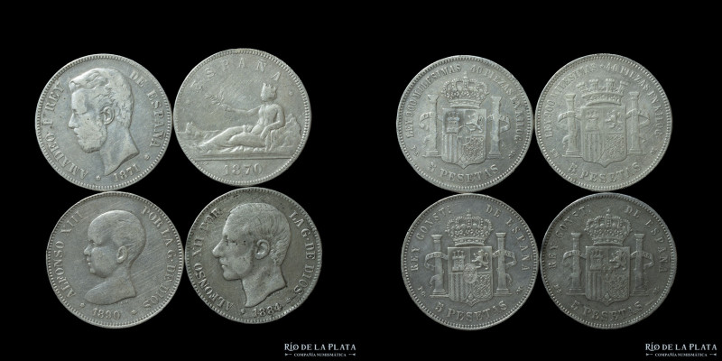 España. Lote x4. Duros de plata. 5 Pesetas 1870 a 1890. A clasificar. Plata.900;...