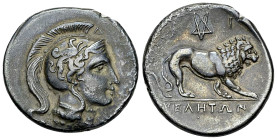 Velia AR Nomos, c. 300-280 BC 

Lucania, Velia. AR Nomos (21-22 mm, 7.09 g), c. 300-280 BC. Philistion group.
Obv. Head of Athena to left wearing c...