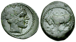 Gela AE Trias, c. 420-405 BC 

Gela, Sicily. AE Trias (17-19 mm, 4.56 g), c. 420-405 BC.
Obv. Head of river-god Gelas right.
Rev. ΓEΛAΣ, Bull butt...