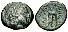 Kassander AE18 

Kings of Macedon. Kassander (305-297 BC). AE18 (6.25 g), uncertain mint in Macedon.
Obv. Laureate head of Apollo to right.
Rev. Β...