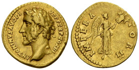 Antoninus Pius Aureus, Victory reverse 

Antoninus Pius (138-161). Aureus (20 mm, 7.26 g), Rome, 143-144.
 Obv. ANTONINVS AVG PIVS P P TR P COS III...