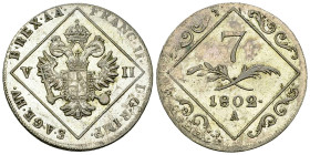 Franz II, AR 7 Kreuzer 1802 A, Wien 

Austria. Franz II (1792-1806). AR 7 Kreuzer 1802 A (26 mm, 4.10 g), Wien.
KM 2129.

Fast unzirkuliert.