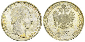 Franz Joseph I, AR 1/4 Florin 1859 B, Kremnitz 

 Austria. Franz Joseph I. AR 1/4 Florin 1859 B (5.32 g), Kremnitz.
KM 2214.

Almost uncirculated...
