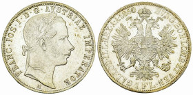 Franz Joseph I, AR Florin 1860 A, Wien 

Austria. Franz Joseph I. AR Florin 1860 A (12.30 g), Wien.
KM 2219.

Fast unzirkuliert.