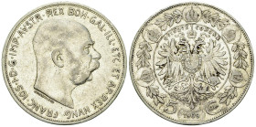 Franz Joseph I, AR 5 Corona 1909 

Austria. Franz Joseph I. AR 5 Corona 1909 (23.82 g).
 KM 2813. 
Sehr schön.