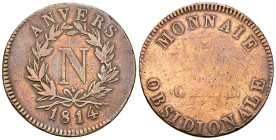 Anvers, AE 5 Centimes 1814 

Belgique, Siège d' Anvers. AE 5 Centimes 1814 V (12.04 g).
KM 5.

Rare. TB.