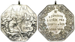 Czechoslovakia AR Medal n.d. (c. 1900) 

Czechoslovakia. Octagonal AR Medal n.d. (c. 1900) (34 mm, 16.13 g), Sport award to Lehka Vaha at the Strib ...