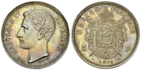 Napoléon IV, AR Essai 5 Francs 1874, Bruxelles 

France, Napoléon IV. AR Essai 5 Francs 1874 (38 mm, 25.54 g), Bruxelles (Würden). Tranche cannelée....