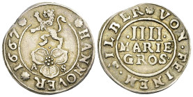 Hannover, AR 4 Mariengroschen 1667 

Deutschland, Hannover, Stadt. AR 4 Mariengroschen 1667 (2.17 g).
Buck/Meier 253.

Sehr schön.