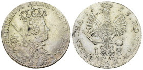 Preussen, AR 18 Kreuzer 1755 B, Breslau 

Deutschland, Brandenburg-Preussen. Friedrich II der Grosse (1740-1786). AR 18 Kreuzer 1755 B (27 mm, 5.42 ...