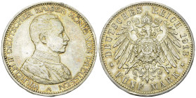 Preussen, AR 5 Mark 1913 A 

Deutschland, Preussen. Wilhelm II. AR 5 Mark 1913 A (27.74 g).
AKS 130.

Randfehler, sonst vorzüglich.
