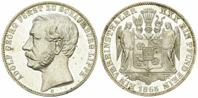 Schaumburg-Lippe, AR Vereinstaler 1865 B 

Deutschland, Schaumburg-Lippe. AR Vereinstaler 1865 B (33 mm, 18.51 g). 
 AKS 19.

Selten, nur 7'000 E...