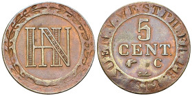 Hieronymus Napoleon, CU 5 Centimes 1812 

Westphalen, Königreich. Hieronymus Napoleon (1807-1813). Cu 5 Centimes 1812 C (29 mm, 7.68 g), Cassel.
AK...