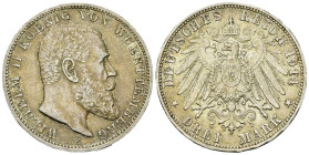 Württemberg, AR 3 Mark 1914 F 

Deutschland, Württemberg. Wilhelm II. AR 3 Mark 1914 F (33 mm, 16.66 g). 
AKS 144.

Vorzüglich.