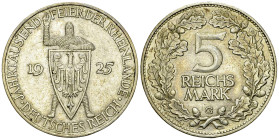 Weimarer Republik, AR 5 Reichsmark 1925 G, Rheinlande 

Deutschland, Weimarer Republik. AR 5 Reichsmark 1925 G (25.03 g). Rheinlande.
 AKS 60.

V...