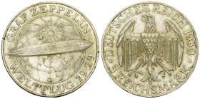 Weimarer Republik, AR 5 Reichsmark 1930 G, Zeppelin 

Deutschland, Weimarer Republik. AR 5 Reichsmark 1930 G (24.69 g). Zeppelin.
 AKS 66.

Selte...