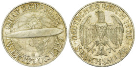 Weimarer Republik, AR 3 Reichsmark 1930 G, Zeppelin 

Deutschland, Weimarer Republik. AR 3 Reichsmark 1930 G (15.15 g). Zeppelin.
 AKS 86.

Selte...