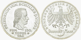 Deutschland, AR 5 Mark 1955 F, Schiller 

Deutschland, Bundesrepublik. AR 5 Mark 1955 F (11.20 g). 150. Todestag Friedrich von Schillers.
 AKS 211....