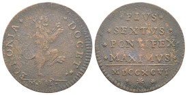Bologna - Pio VI (1775-1799) - Mezzo baiocco 1796 – leone rampante a DESTRA - Moneta della massima rarità - Cu - gr 4,48 - Ch. 1154; CNI - ; Munt. -; ...