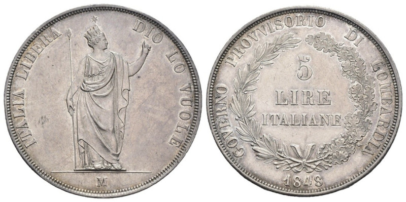 Governo Provvisorio di Milano - 5 Lire 1848 - Variante Rami corti, base spessa e...