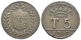 Napoli - Regno di Napoli, Ferdinando IV (1759 - 1816) - 5 Tornesi 1797 - I° tipo - Cu - Gr. 12,79 - Gig# 122

BB+

SPEDIZIONE SOLO IN ITALIA - SHI...