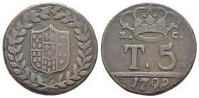 Napoli - Regno di Napoli - Ferdinando IV (1759 - 1816) - 5 Tornesi 1798, I° tipo - Rara - Cu - Gr. 10,63 - Gig# 123

mBB

SPEDIZIONE SOLO IN ITALI...