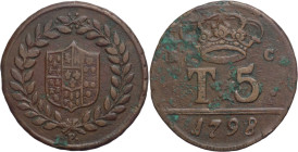 Napoli - Regno di Napoli - 5 Tornesi 1798 - Ferdinando IV (1759-1816) - Variante con P sotto i rami, ma Ø mm 29,50 - Cu - Gig. 123b

BB+

SPEDIZIO...
