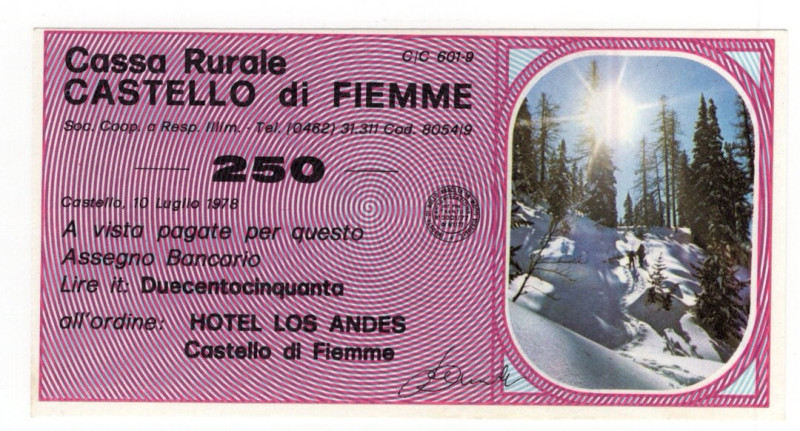 Miniassegni - Cassa Rurale Castello di Fiemme - 250 Lire - Emissione: 10/07/1978...