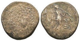 Greek Bronze coin, Weight 7.58 gr - Diameter 21 mm

PONTUS, Amisos . Circa 85-65 BC. Æ….Aegis / AMI-SOU, Nike walking right, holding palm tied with ...