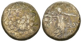 Greek bronze coin, Weight 8.45 gr - Diameter 20 mm PONTUS, Amisos . Circa 85-65 BC. Æ….Aegis / AMI-SOU, Nike walking right, holding palm tied with fil...