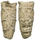 Weight 23.63 gr - Diameter 37 mm Pilgrim's Holy Water Ampulla with inscription on, 10th-14th century AD. A lead-alloy ampulla with tapering body, flar...