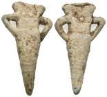 Weight 17.61 gr - Diameter 44 mm Pilgrim's Holy Water Ampulla with inscription on, 10th-14th century AD. A lead-alloy ampulla with tapering body, flar...