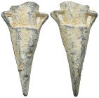 Weight 16.26 gr - Diameter 47 mm Pilgrim's Holy Water Ampulla with inscription on, 10th-14th century AD. A lead-alloy ampulla with tapering body, flar...