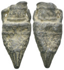 Weight 13.91 gr - Diameter 35 mm Pilgrim's Holy Water Ampulla with inscription on, 10th-14th century AD. A lead-alloy ampulla with tapering body, flar...