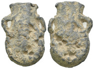 Weight 17.11 gr - Diameter 33 mm Pilgrim's Holy Water Ampulla with inscription on, 10th-14th century AD. A lead-alloy ampulla with tapering body, flar...