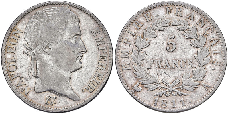 FRANCIA Napoleone I (1804-1814) 5 Franchi 1811 A 1 1 spazio - Gad. 584 AG (g 24,...