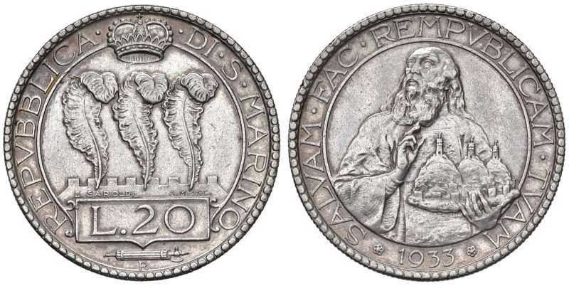 SAN MARINO Vecchia monetazione (1864-1938) 20 Lire 1933 - Gig. 4 AG (g 15,04) 
...