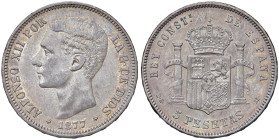 SPAGNA Alfonso XII (1874-1885) 5 Pesetas 1877 - KM 676 AG (g 25,00) 
SPL