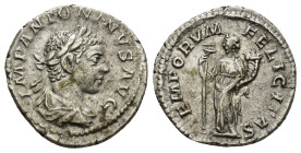 Elagabalus AD 218-222. AR Denarius. (3 Gr. 18mm.) Rome 
Laureate and draped bust right 
Rev. Felicitas standing, holding caduceus and cornucopiae