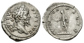 Septimius Severus. A.D. 193-211. AR Denarius (3.3 Gr. 18mm.). Rome
Laureate head of Septimius Severus right 
Rev. Emperor, togate, standing facing, he...
